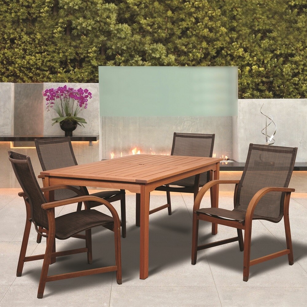 Amazonia Bahamas 5-piece Outdoor Dining Set Eucalyptus Rectangular Table With Brown Sling Chair