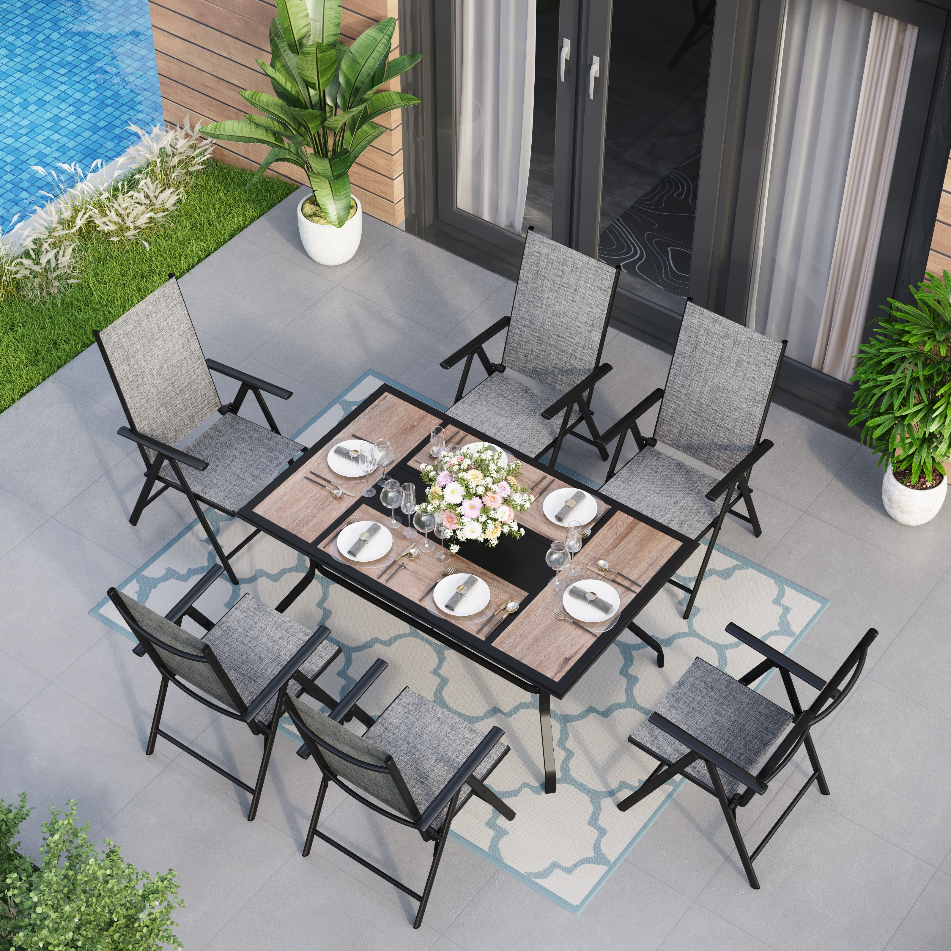 Sophia and William Patio 7 Pieces Dining Set  6 X Reclining Folding Sling Dining Chairs And 1 X Table With An Umbrella Hole