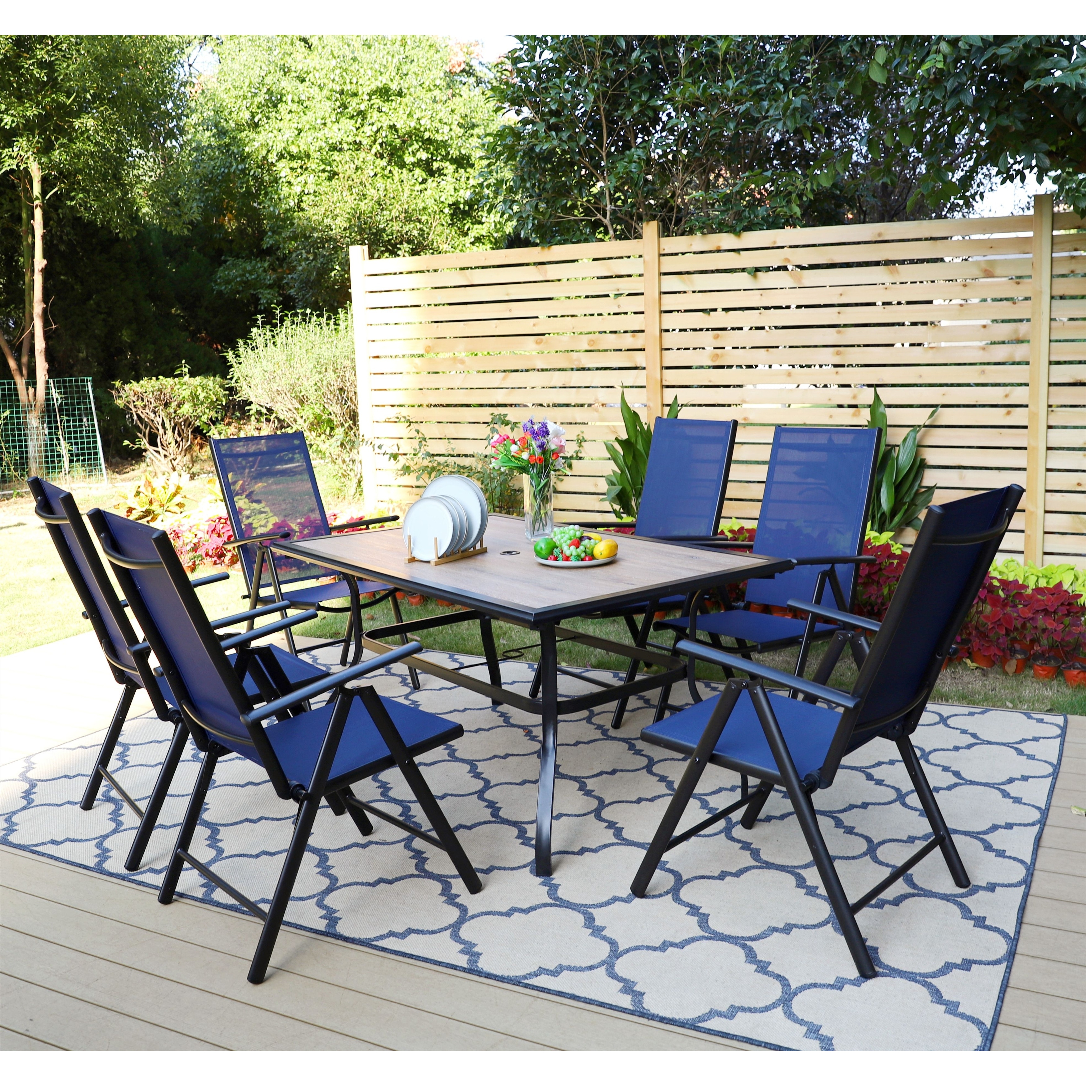 Sophia and William Patio 7 Pieces Dining Set  6 X Reclining Folding Sling Dining Chairs And 1 X Table With An Umbrella Hole