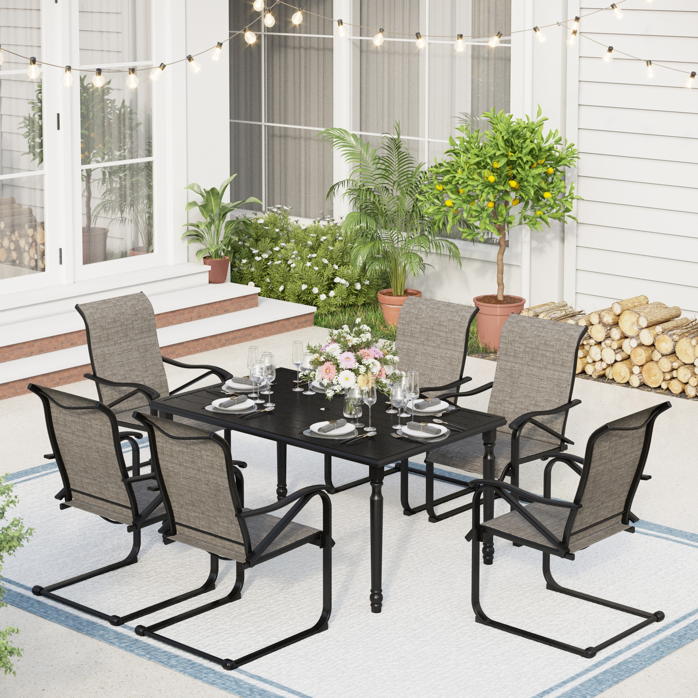 7-piece Patio Dining Sets   6 Textilene Fabirc Chairs And 1 Metal Table With Umbrella Hole
