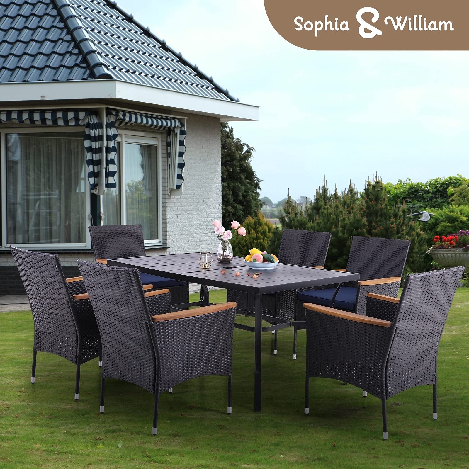 7 Pieces Pe Rattan Patio Dining Sets  Modern Wicker Conversation Armhairs With Cushions And 2.6 Umbrella Hole