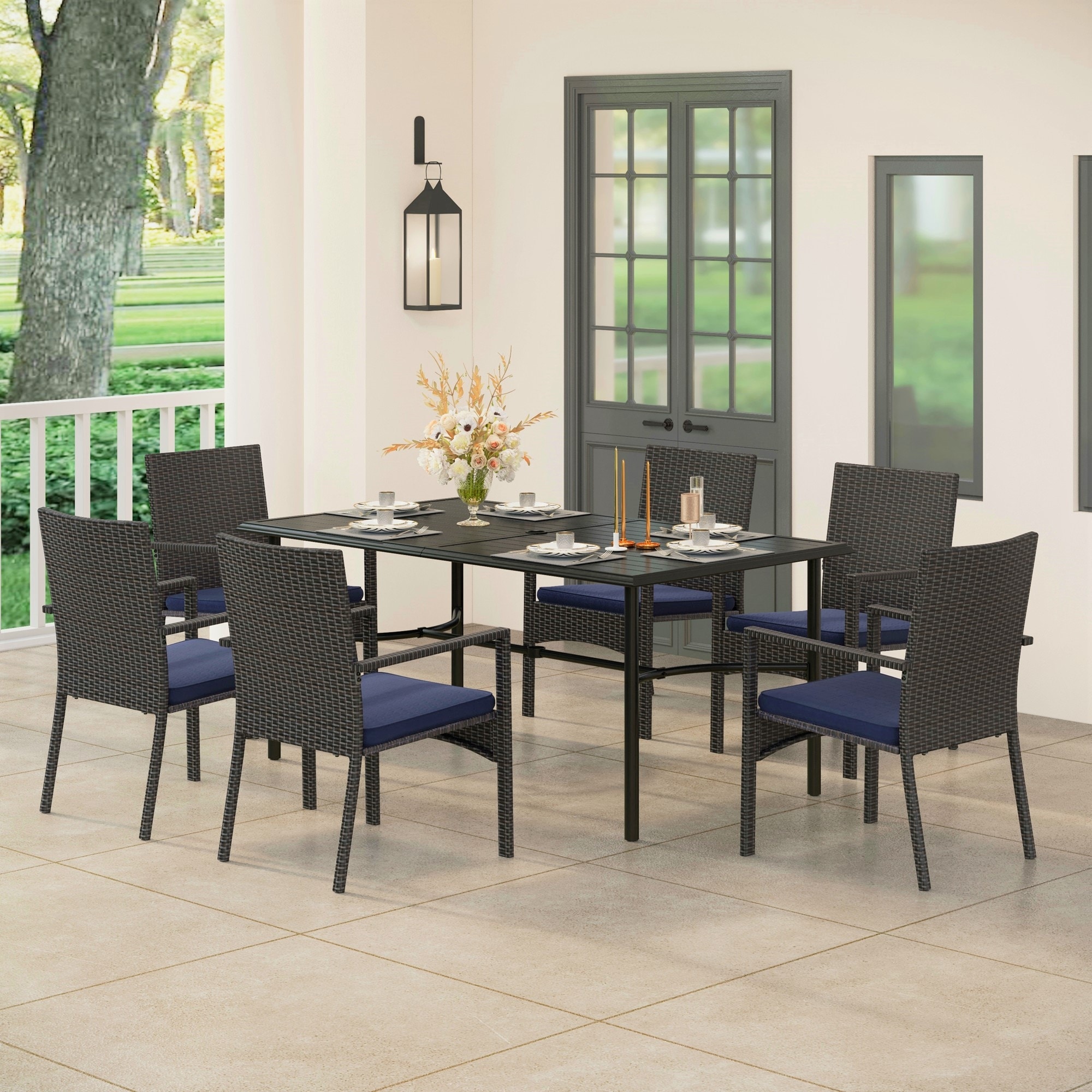 7-piece Patio Dining Set Steel Rectangle Table and Rattan Dining Chairs