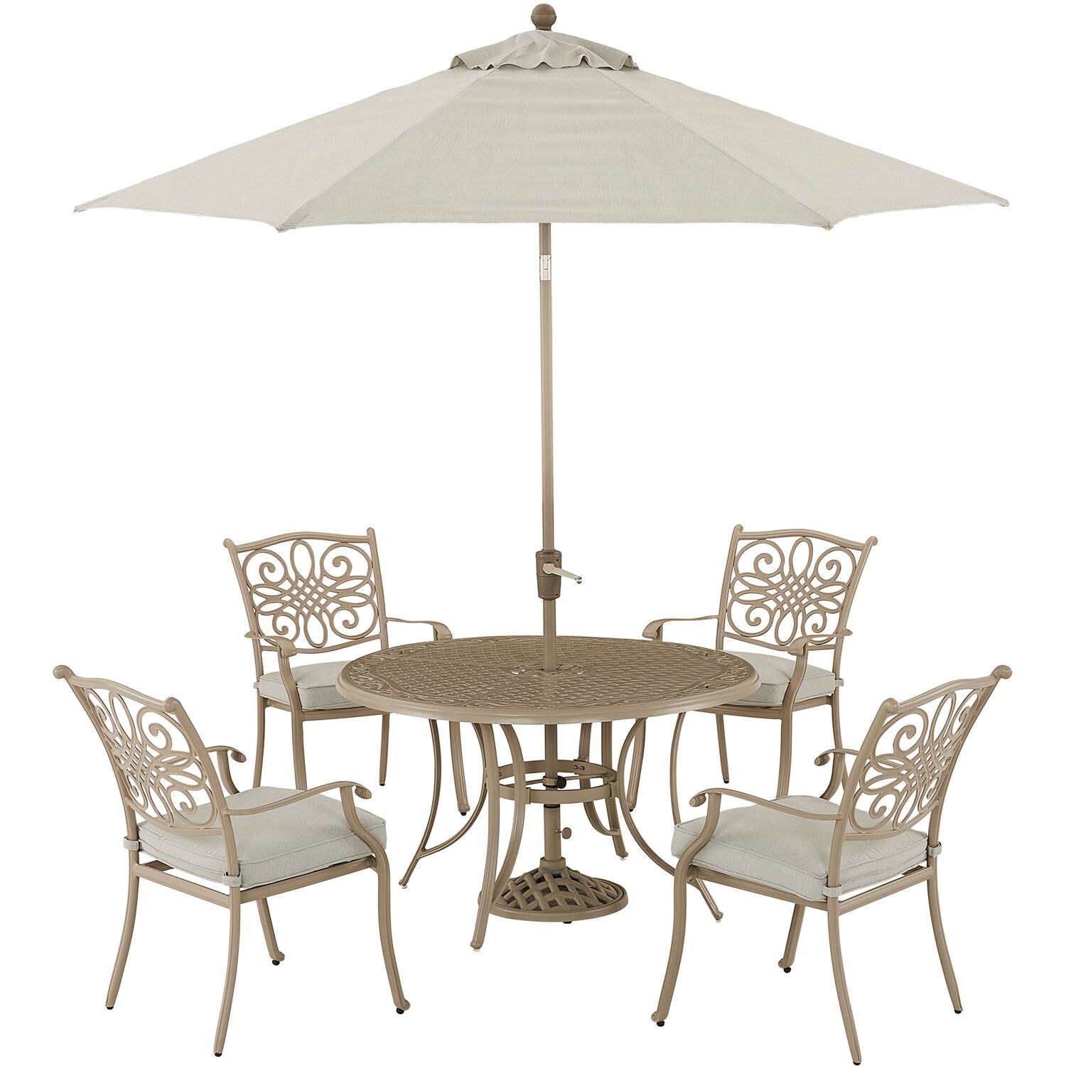 Hanover Traditions 5-piece Dining Set With 4 Stationary Chairs  48-in. Cast-top Table  9-ft. Umbrella  And Stand  Sand Finish