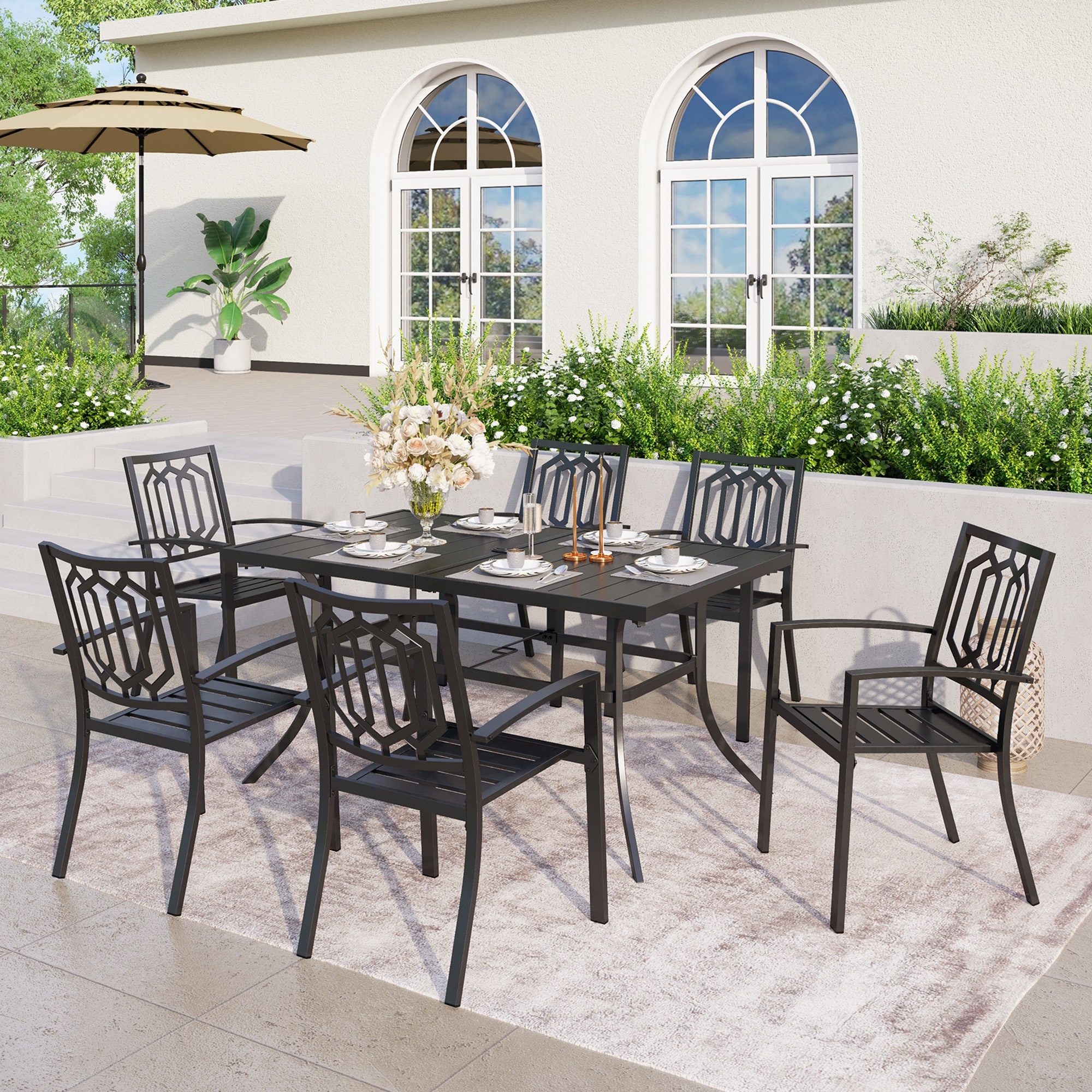 Patio Dining Set 7 Piece Metal Rectangle Patio Table With 2.6 Umbrella Hole And 6 Metal Dining Chairs  Black