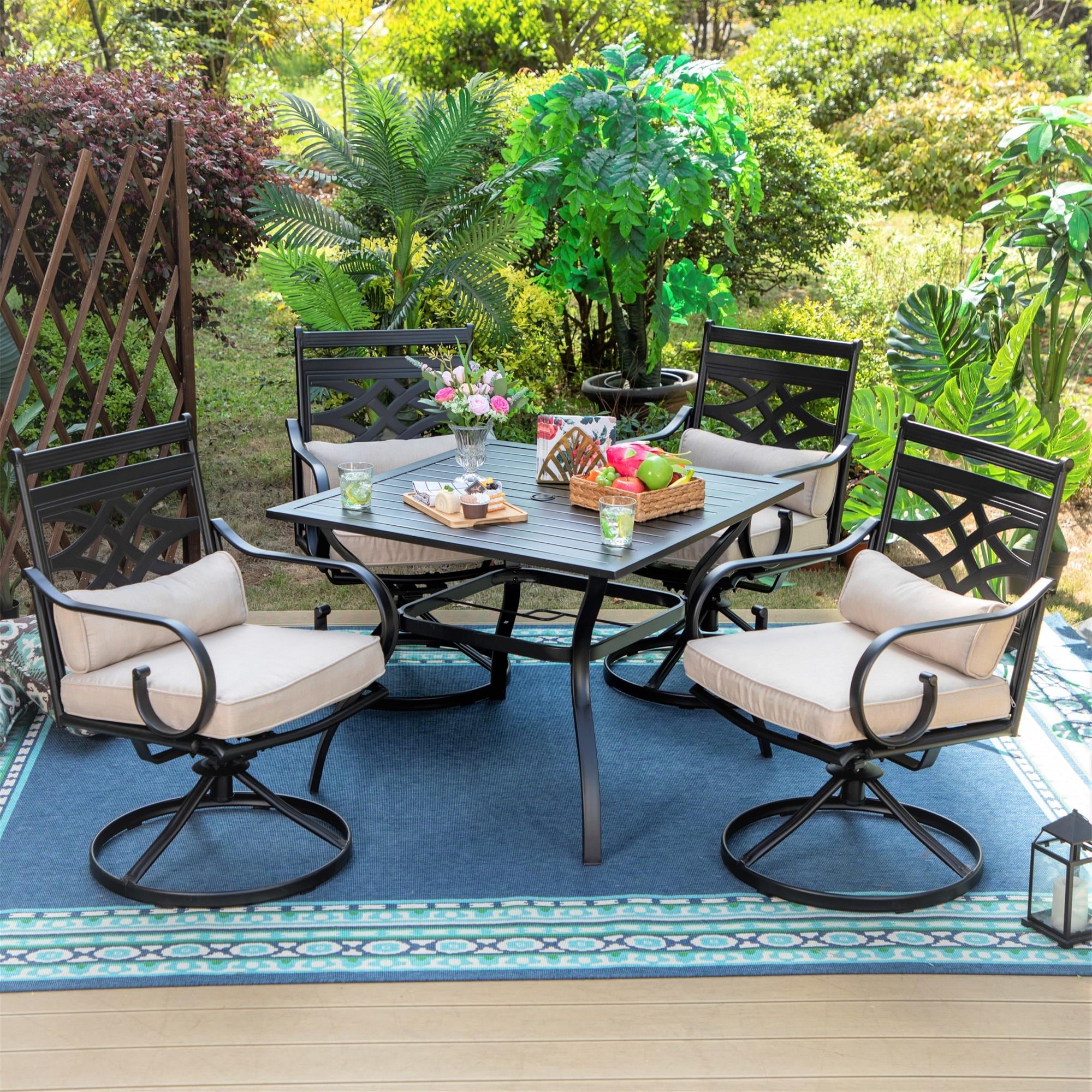5-piece Outdoor Dining Set Steel Square Table and Elegant Cast Iron Pattern Dining Chairs