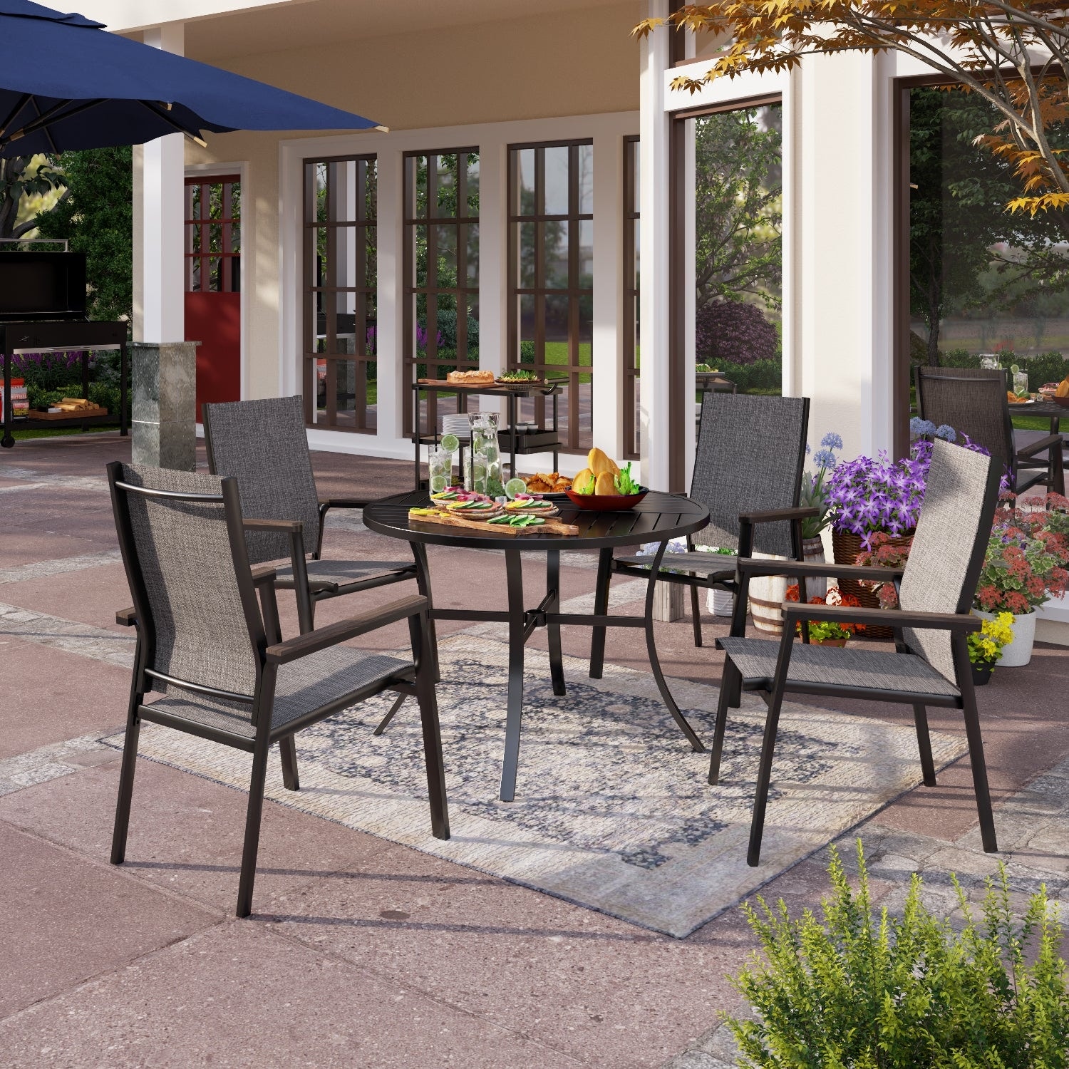 5-piece Patio Dining Set Aluminum Textilene Fixed Chairs and Geometrically Stamped Round Table