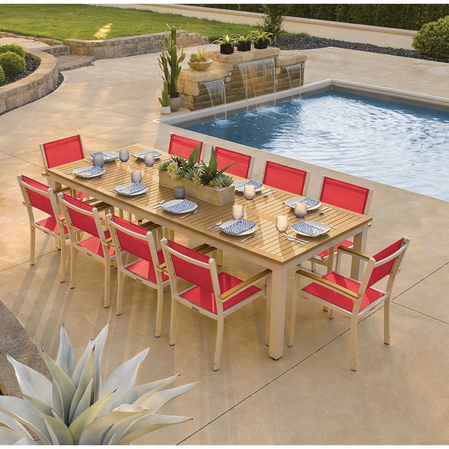 Oxford Garden Travira 11-piece 103-in X 42-in Tekwood Natural Table and Sling Armchair Dining Set - Red Sling
