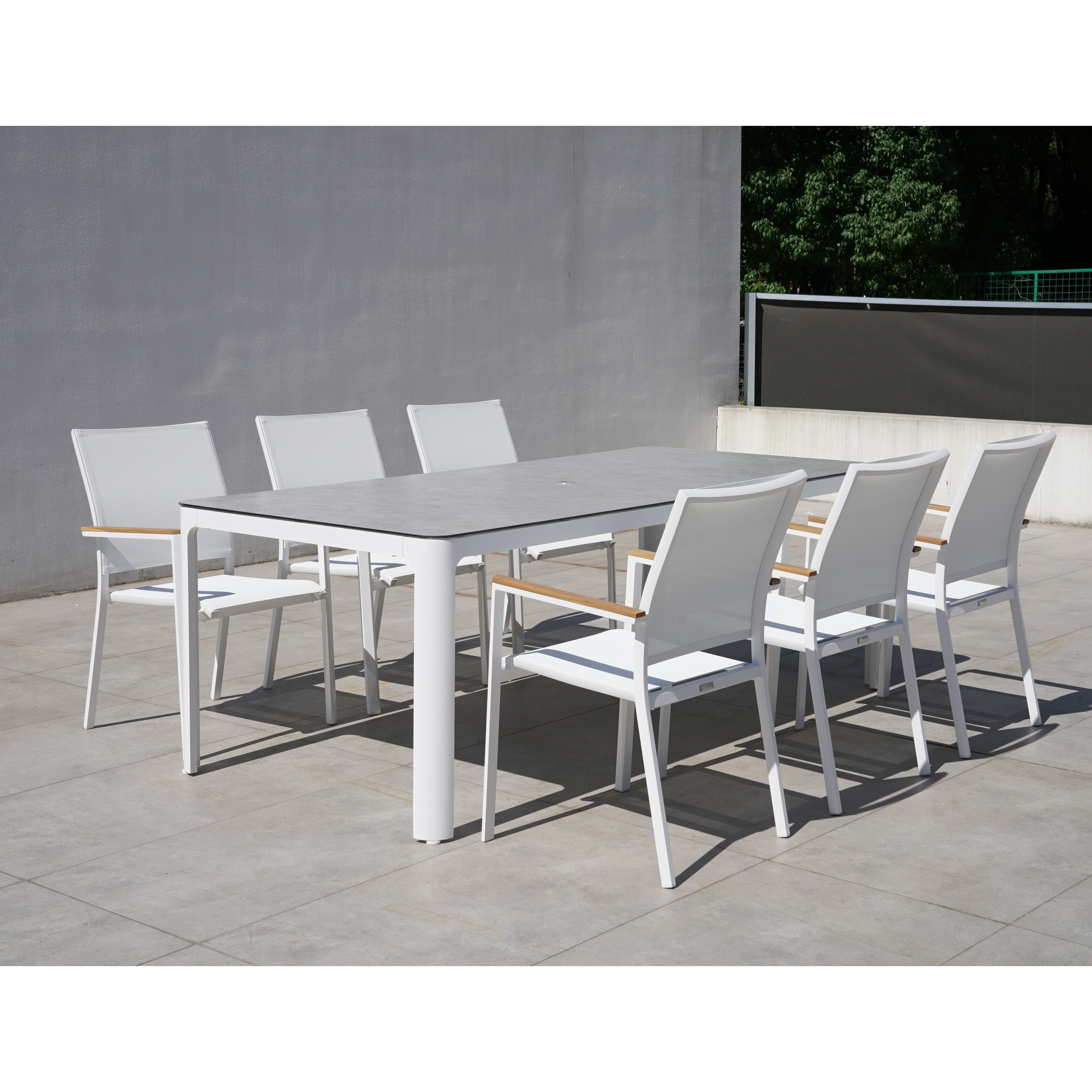 Terraza White 7-piece Aluminum Rectangular Outdoor Dining Set With Sling Set In White - N/a