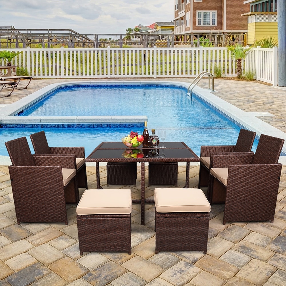 9pcs Outdoor Rattan Dining Table And Chair With Removable Cushions