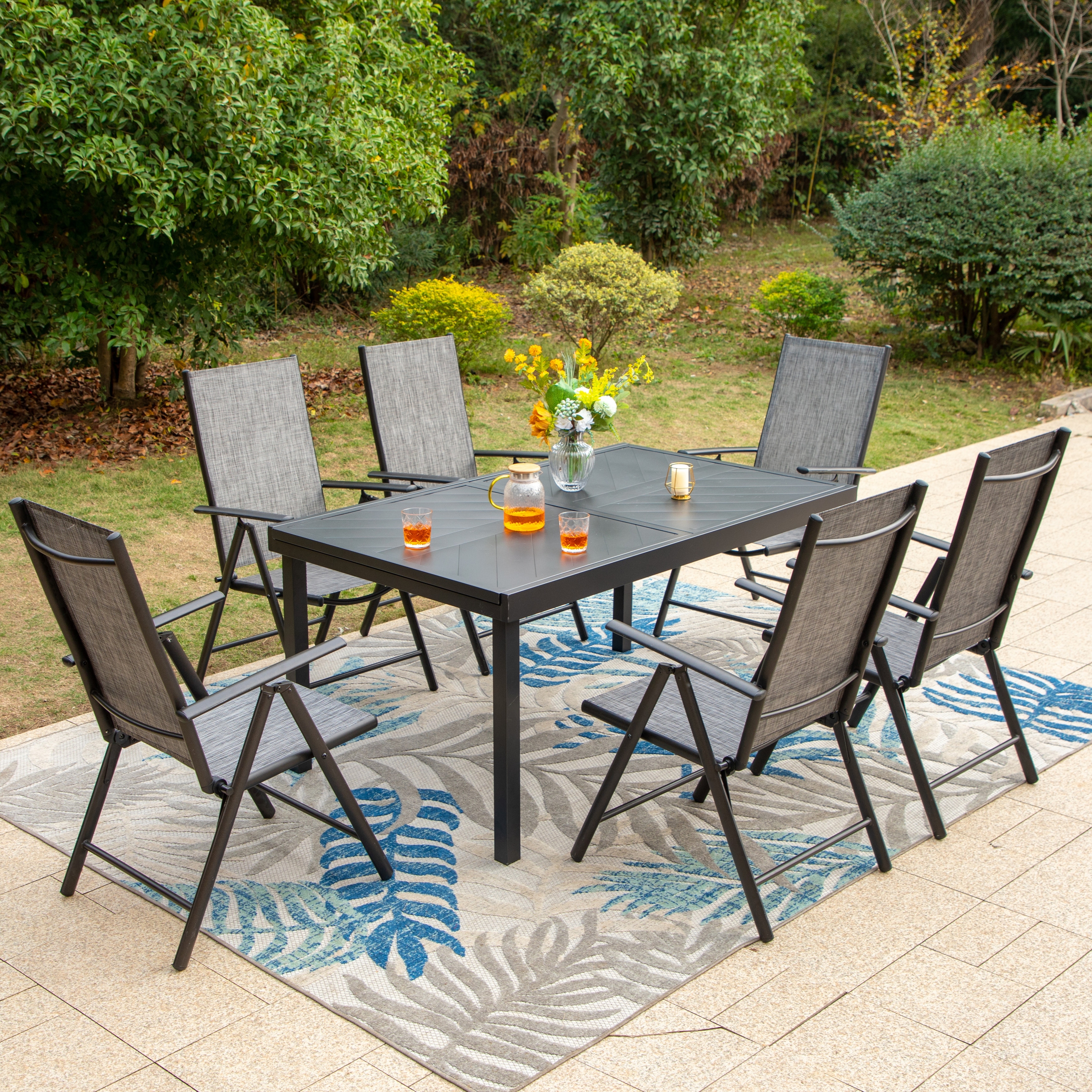 Outdoor 7 Pieces Dining Set  6 X Reclining Folding Sling Dining Chairs And 1 Patio Extendable Table For 6-8 Person - 7-pieces
